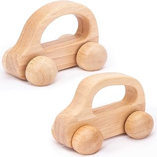 TUOWITA 2PCS Montessori Wooden Baby Car Toys for Toddlers 1-3 Years, Teething Relief Push Pull Cars, Neutral Nursery Decor for Boys & Girls