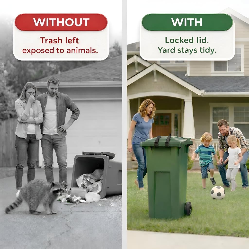 Premium 2X Outdoor Trash Can Locks for Animals Universelle Garbage Straps Lid Wheelie Bin Locks Enclosure Clips Out Raccoon Hide Outside Strap Resistant Security Critter Trashcan Deterrent
