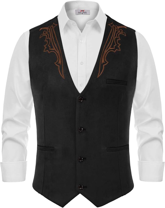 Men's Suede Leather Suit Vest Embroidery Casual Slim Fit Western Vest
