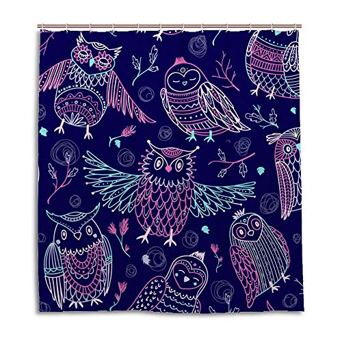 Rideau de douche chouettes 180x180 cm en polyester lavable avec crochets en C