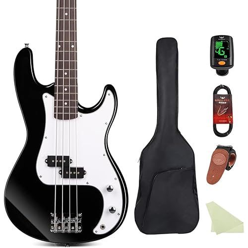 Electric Bass Guitar 4 Strings Full-Size Standard Bass PB-Style Beginner Kit Black for Starter with Gig Bag Guitar Strap and Guitar Cable, MS-FD (black)