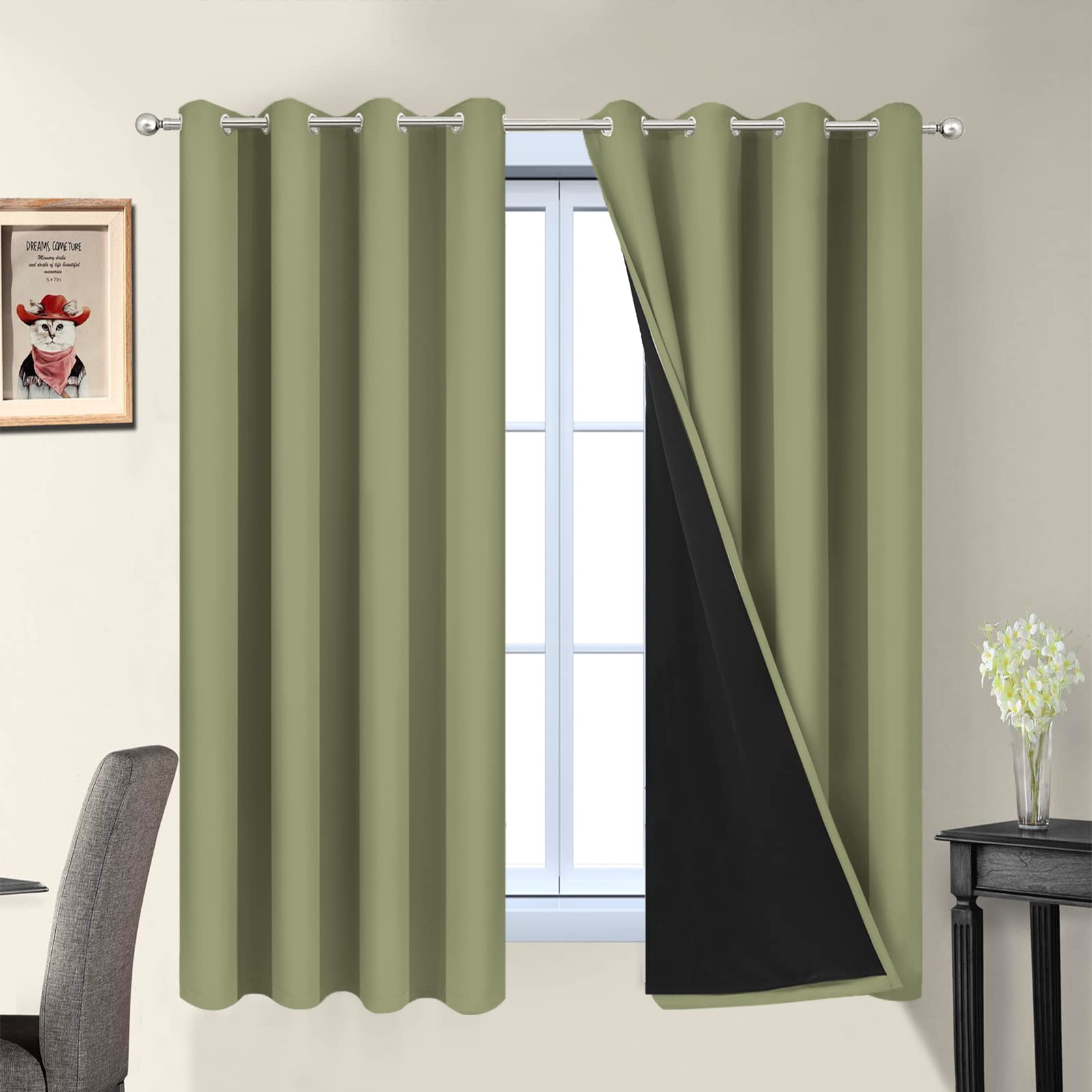 Yakamok 100% Blackout Window Curtain Panels, Heat and Full Light Blocking Drapes with Black Liner for Nursery,Thermal Insulated Draperies (Sage, 2 Pieces, 52Wx63L) โ image 1