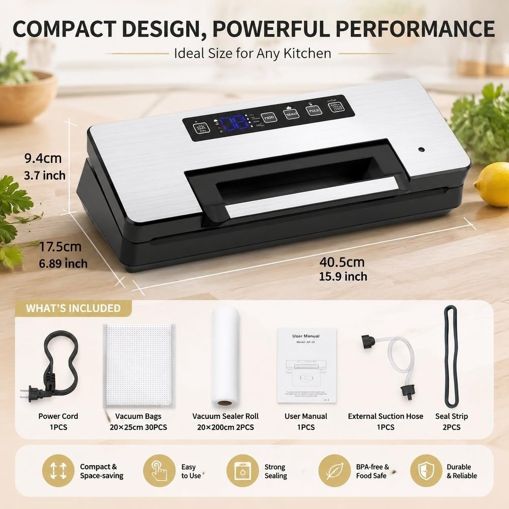 Máquina al vacío de alimentos - Bomba doble potente 100 kPa, modo seco y húmedo, fácil de usar, arranque automático tapa, bandeja de agua extraíble, bolsa y rollo incluido