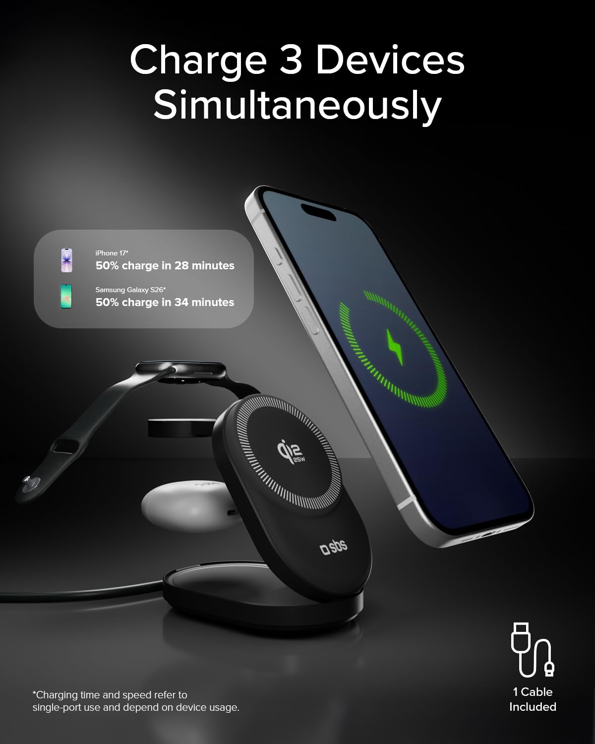 SBS Qi2 25W Power Dock 3w1 MFI MagSafe, Bezprzewodowa Ładowarka do iPhone, AirPods, Apple Watch, Szybkie Ładowanie 35W (25W+5W+5W), Magnetyczna Ładowarka, Zasilanie USB-C, Certyfikowany MFI, Czarny