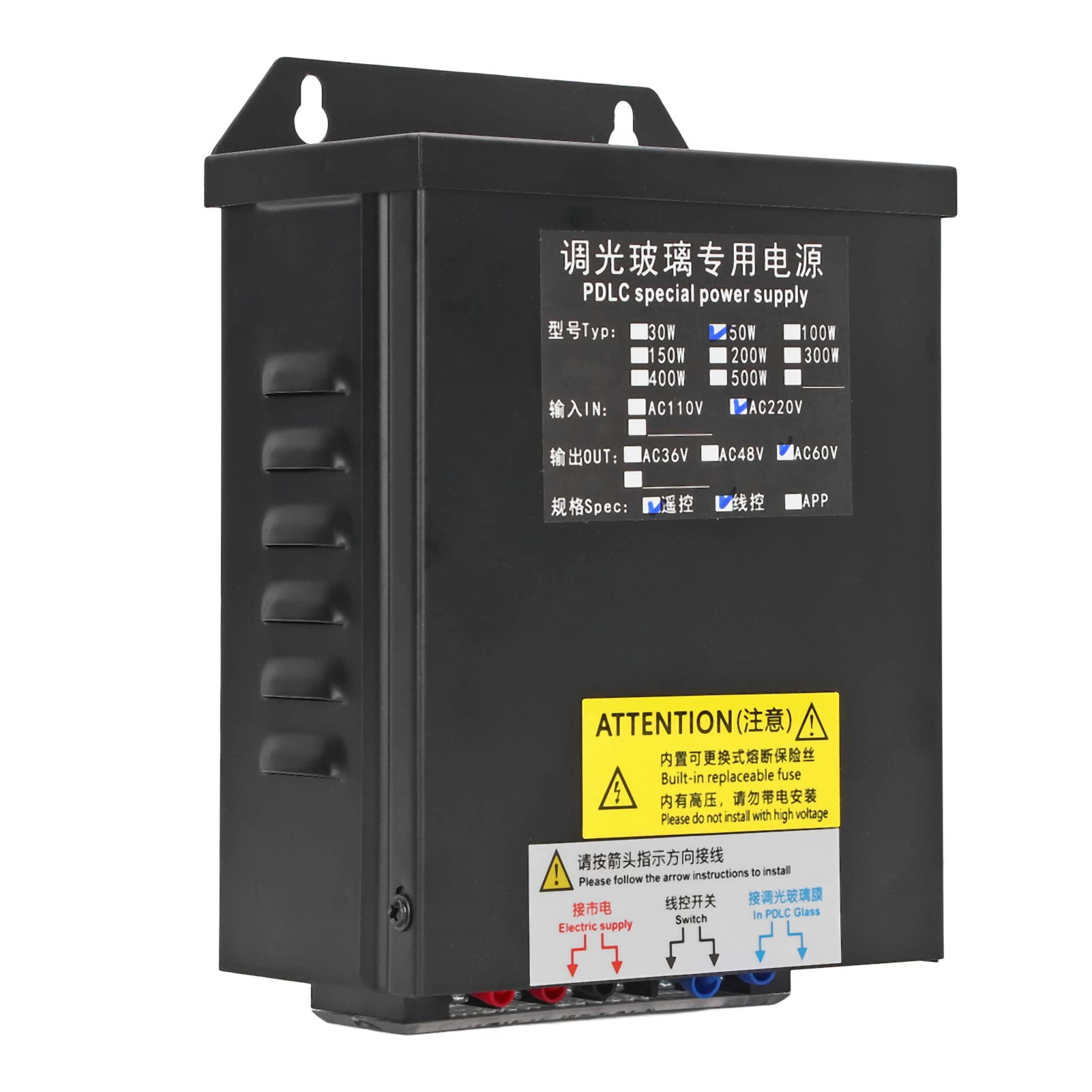 Alimentation intelligente 50 W pour verre PDLC avec sortie AC60 V, 315 MHz, télécommande, matériau en alliage d'acier, haute efficacité, performance sûre, application polyvalente