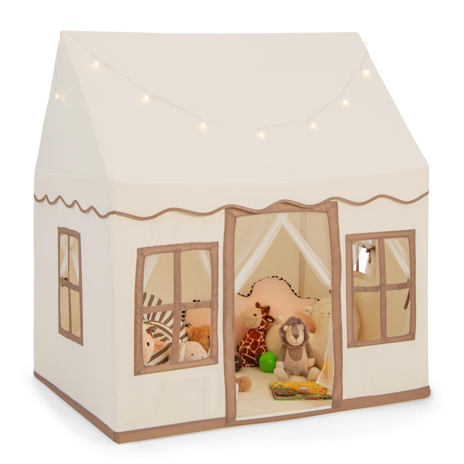 INFANS Kids Tent with Padded Mat, Star Lights, Side Storage, 4 Windows, Indoor and Outdoor Toddler Playhouse for Boys Girls (Beige)