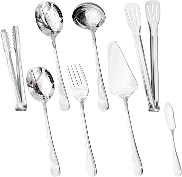 HIKAA 8PCS Serving Utensils Set, 18/10 Serving Utensils | Modern, Serving Utensils, Slotted Spoons, Forks, Tongs, Cake Server, Butter Knife for Buffet, Catering, Wedding
