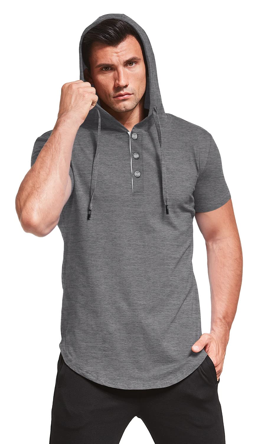 KUYIGO Uomo Felpa con Cappuccio Manica Corta Moda Sportiva in Cotone per Allenamento con Bottoni Pullover Hip Hop con Cappuccio Taglie Plus S-5XL