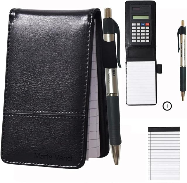 Marte Vanci Mini Pocket Notebook with Calculator and Pen, A7 40 Sheets Quick Notes*2 for Business Trader Shopping Portable Notepads Memo Pad PU Leather Cover Replaceable Ruled Paper
