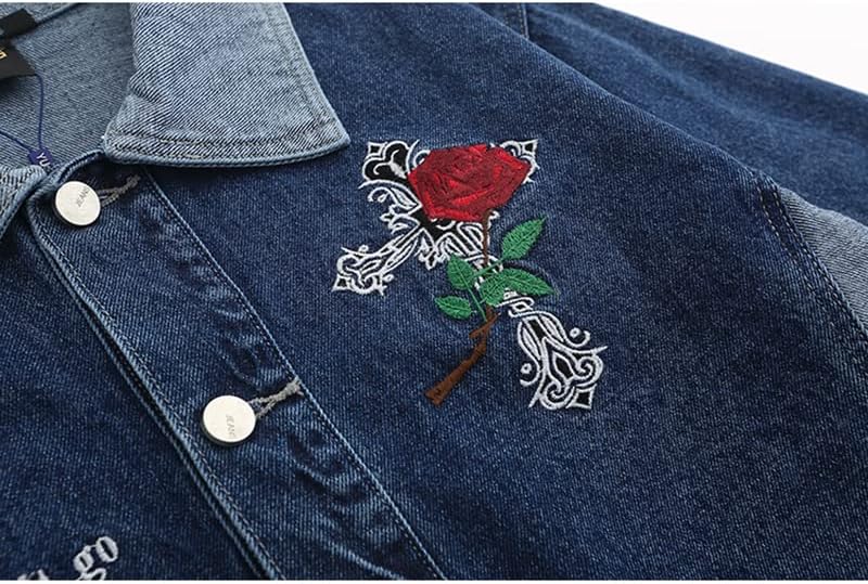 AAPAH Rose Embroidery Denim Jacket Hip Hop Colorblock Cross Jean For Men Streetwear Loose Casual Jackets Coats