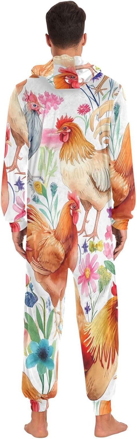GAIREG Colorful Chickens Print Adult Onesie Pjs for Women Men, Mens Womens Christmas Onesie
