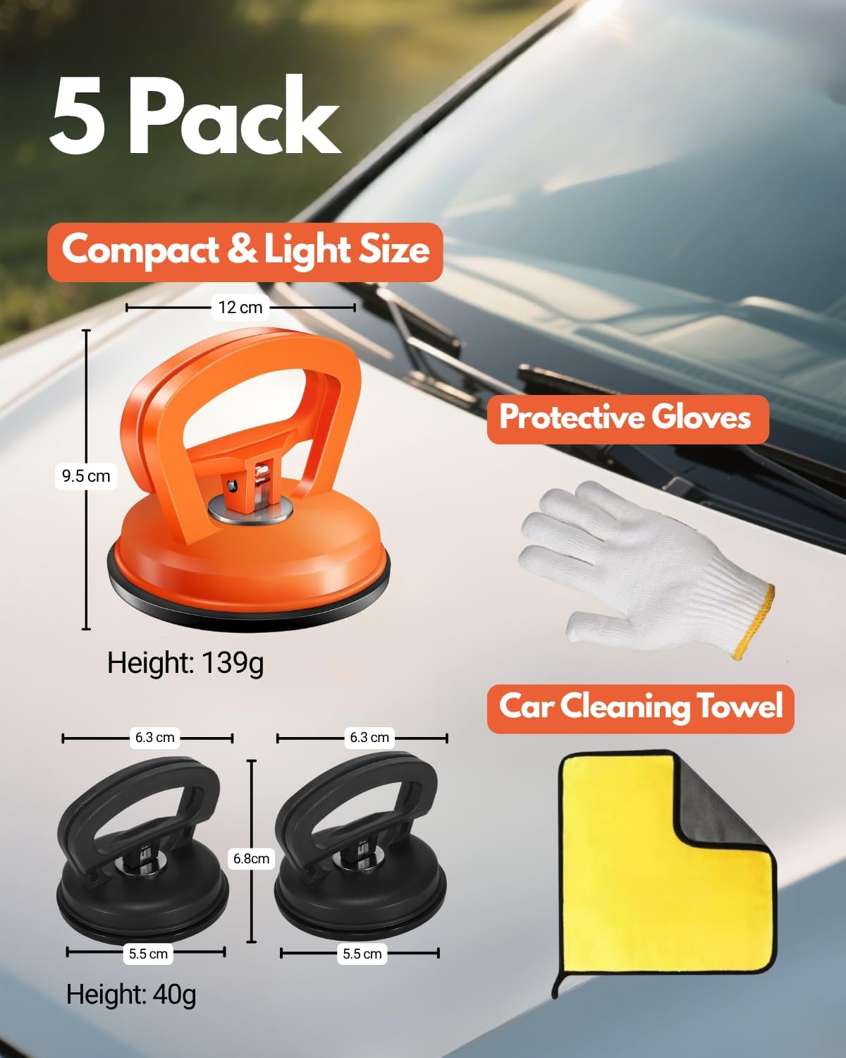 3 Pack Car Dent Puller Set, 1 x Large Suction Cup + 2 x Mini Suction Cups, Car Dent Remover, Paintless Dent Repair Tool for Car Dents, Glass Lifting, Screen Removal, Orange & Black