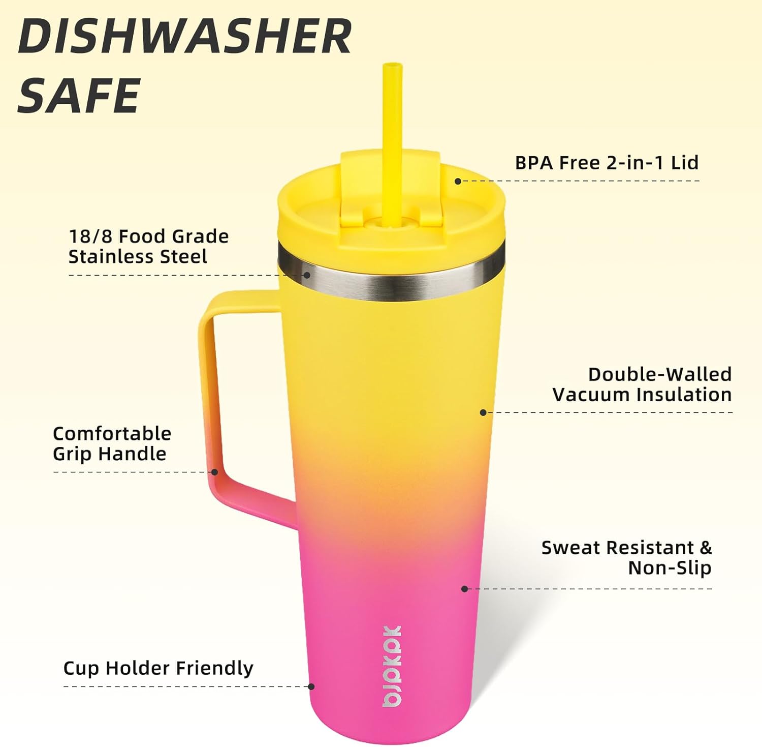BJPKPK Insulated Tumbler with Handle, 26oz Insulated Tumblers with Lid and Straw, Stainless Steel Metal Water Bottles, Coffee Travel Mugs, Cups, Pink & Yellow Rose - Image 2