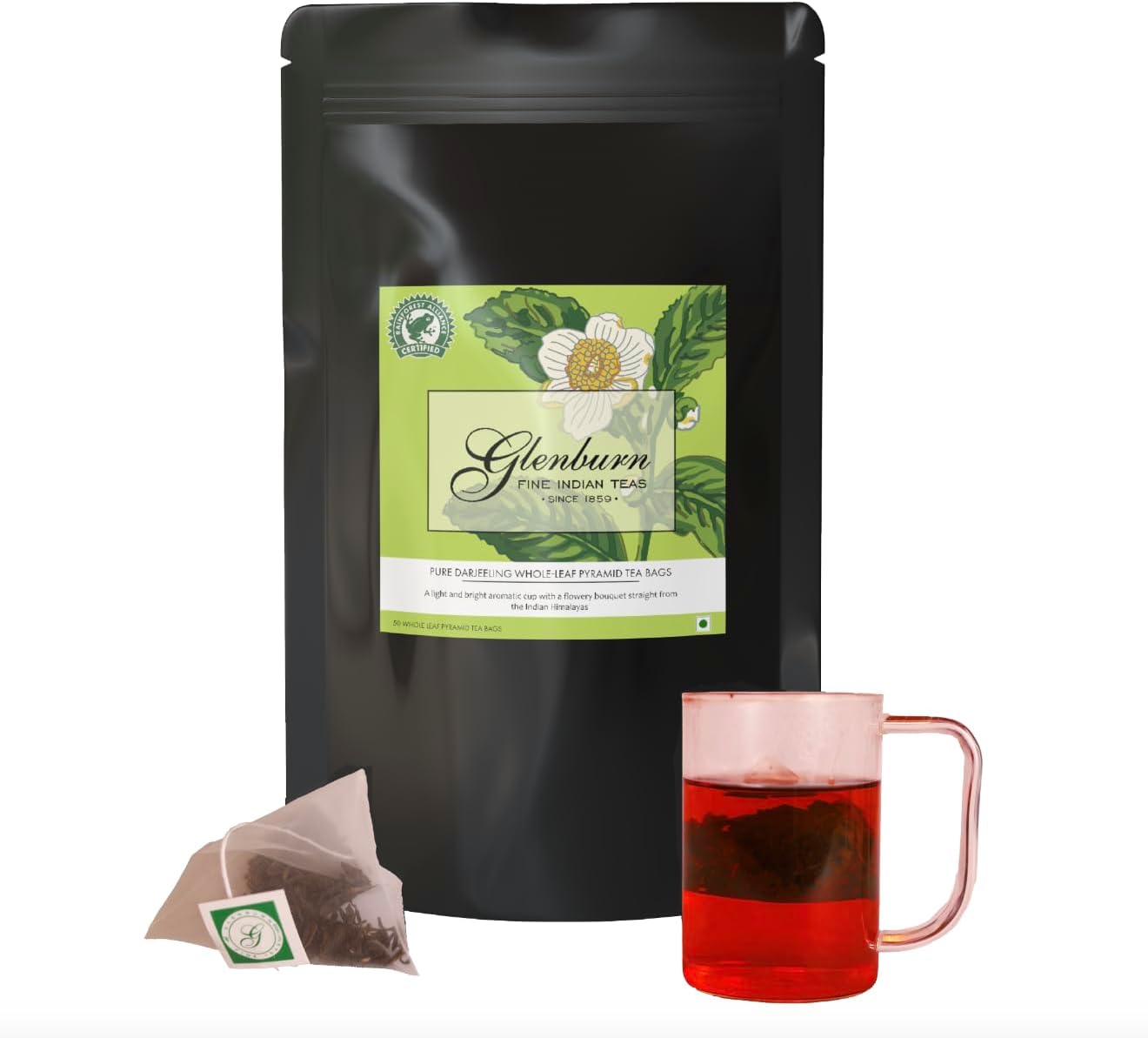 Glenburn Pure Darjeeling Pyramid Silk Tea Bag 50pc - Fresh and Direct from Glenburn Tea Estate I Savour the Flavour of Premium Single-Estate Darjeeling Tea