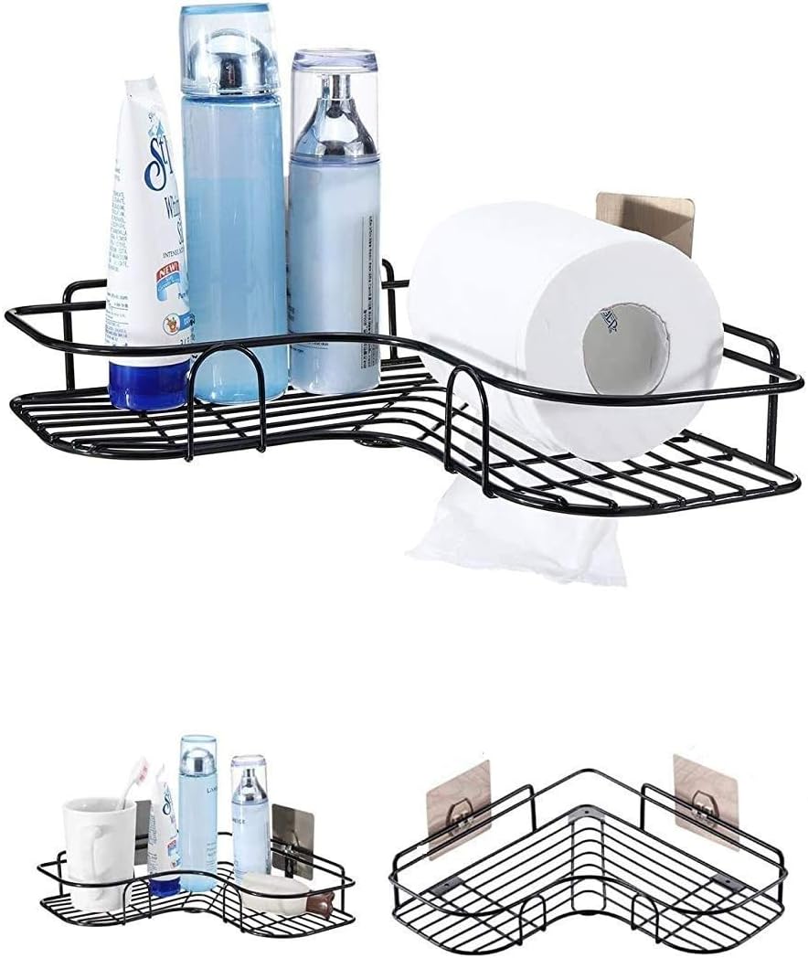 TOUARETAILS Self-Adhesive Stainless Steel Bathroom Corner Shower Caddy Bathroom Self Wall Hanging Storage Organizer Kitchen Rack with Shampoo, Soap Holder Rack (Black)