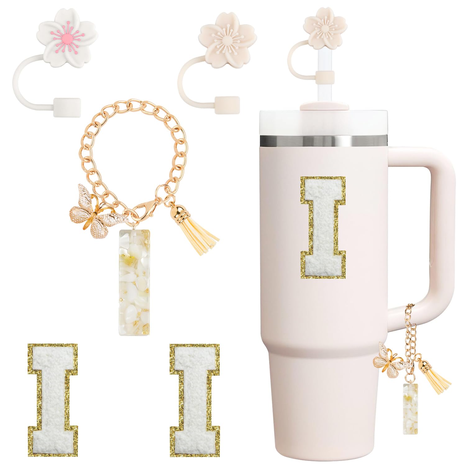 Cup Accessories Set for Stanley Cup 30oz 40oz Tumbler with Handle, Including Silicone Cute Flower Straw Cover, Handle Charm, Initials Sticker 5PCS (I)