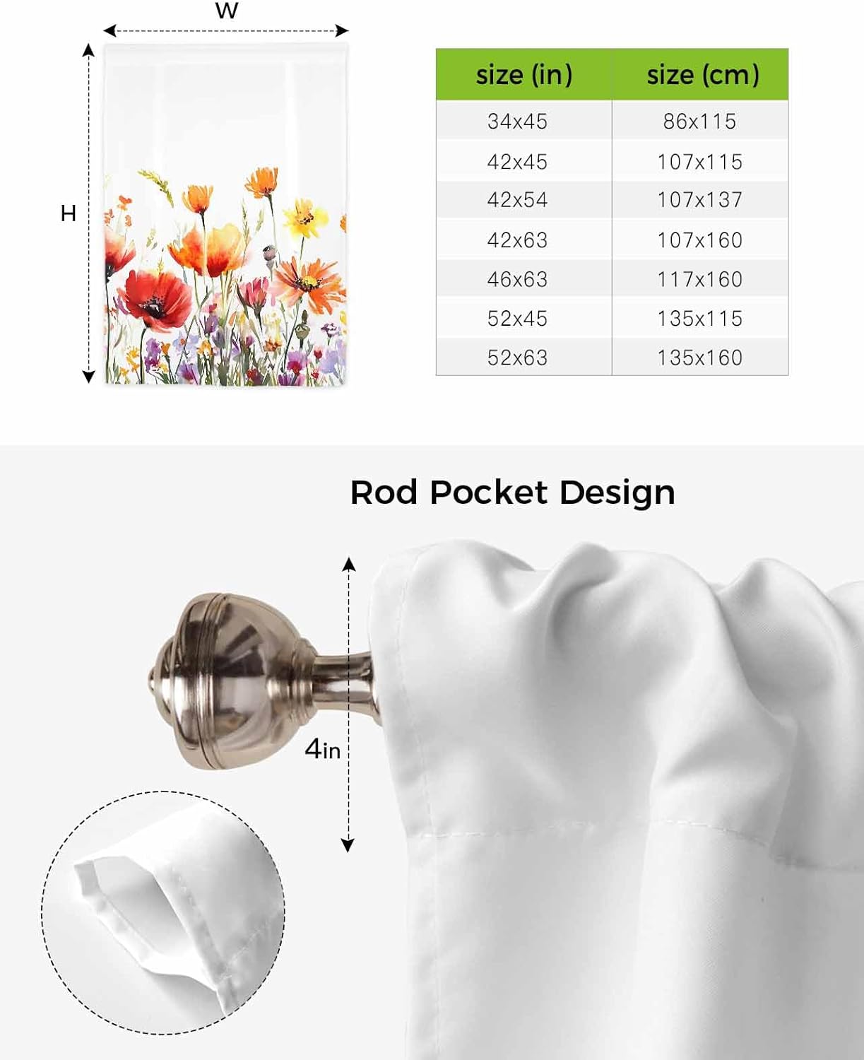 Tie Up Curtain for Windows Wildflower Balloon Window Shades for Bedroom Bathroom Adjustable Rod Pocket Colorful Leaves Flower Window Treatments Curtains Valance for Kitchen 52" W x 63" L