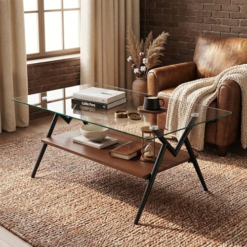 Casaphoria Rectangle Coffee Table with Tempered Glass Top and Black Metal Legs, 2-Tier Modern Industrial Center Table with Storage Shelf for Living Room, 38.6 Inch, Transparent/Black