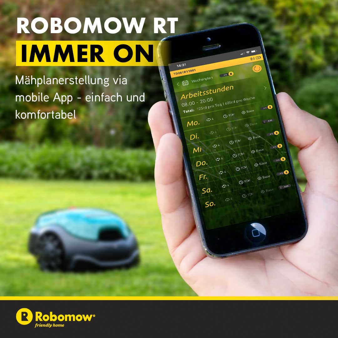 ROBOMOW RT700 Robotermäher/Rasenroboter für Flächen bis 700 qm | 4,3 Ah; 18cm Schnittbreite; einfache Installation, selbstreinigend und inkl. schwimmendem Mähdeck, Mulchreiniger, Grün