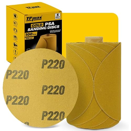 100PCS 5 Inch PSA Sanding Discs 220 Grit | Self-Adhesive Sandpaper Roll for DA Sanders, Orbital Sander | Gold Aluminum Oxide Sticky Back Abrasive Discs for Automotive, Woodworking, and Metal Polishing