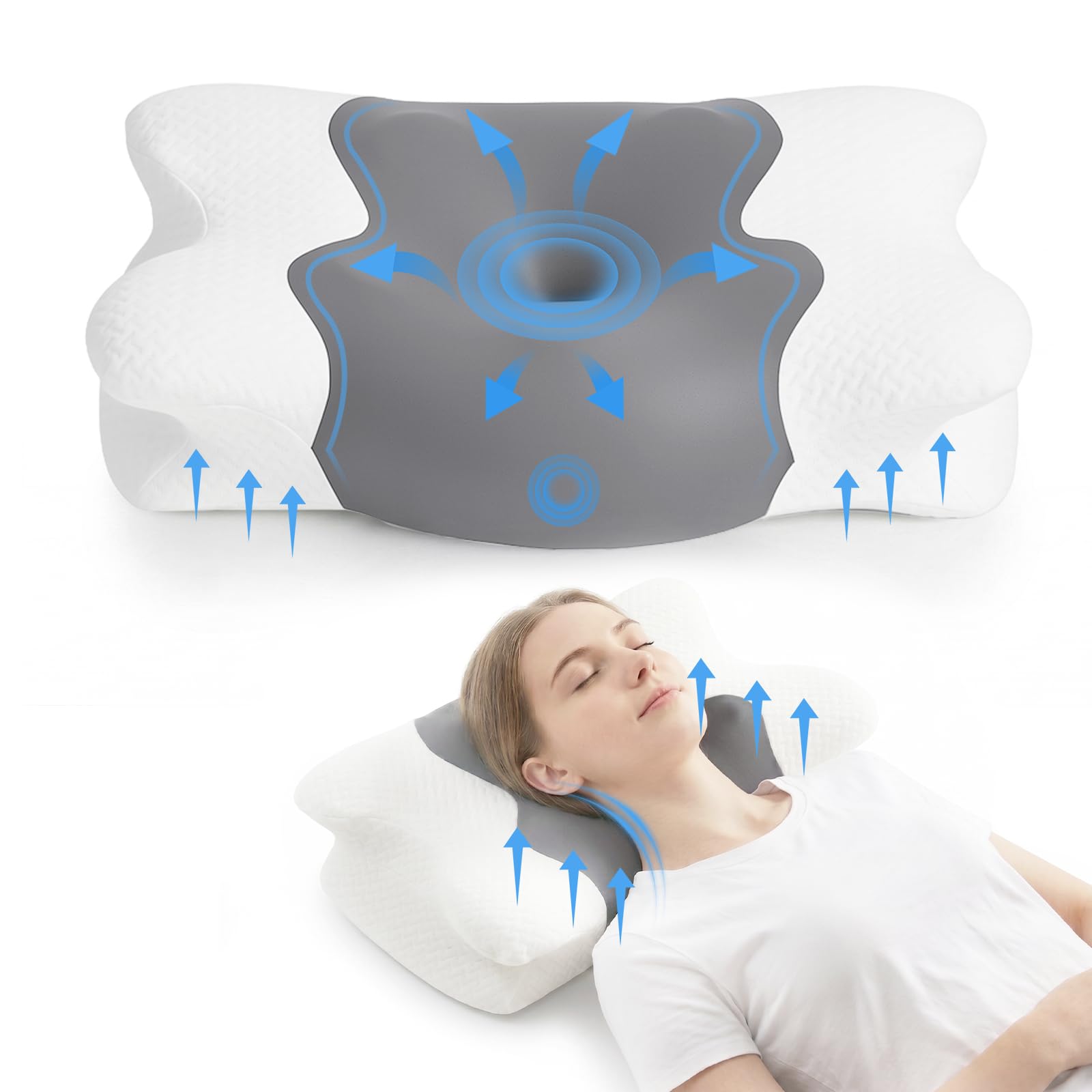 COSYLAND Almohada Cervicales y Cuello - Espuma Viscoelástica, Diseño Mariposa con Soporte Ergonómico y Transpirable, para Dormir de Lado, Boca Arriba y Boca Abajo, 60 x 40 x 10/13 cm