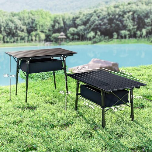Outsunny Folding Camping Table, 90 x 55 cm Height Adjustable Portable Collapsible Table, 3ft Lightweight Aluminium Rollup Picnic Table with Storage Basket for Outdoor Garden Party BBQ, Black - Image 3
