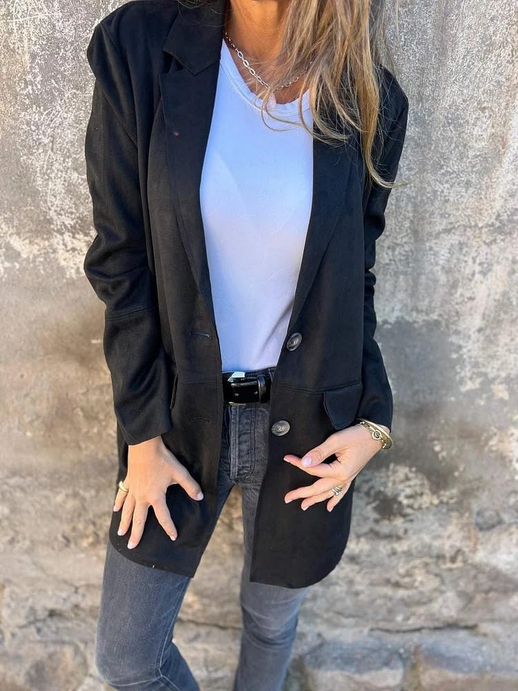 Générique Blouson aviateur décontracté en Imitation Daim à Revers pour Femme, Cardigan mi-Long à Manches Longues et 2 Boutons, Automne 2025