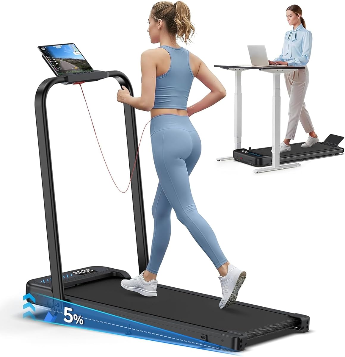 Foldable Treadmill with Incline, Compact Walking Pad Treadmill with Safety Handle Bar, 3.0HP Quiet Under Desk Treadmills for Home/Office, 320 LBS Capacity, APP & Mute Remote Control
