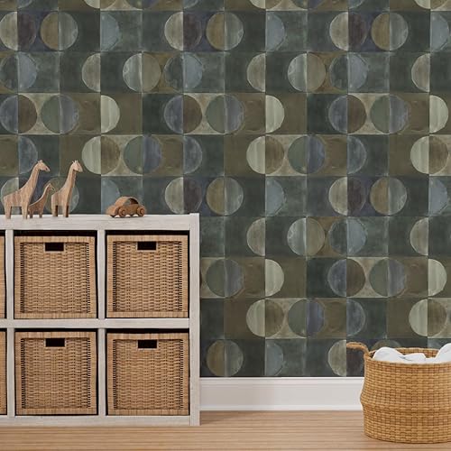 Miniatura 7 de Spoonflower Peel & Stick Wallpaper 9ft x 2ft - Stone Tiles Black Brown Green Circle 70S Moon Neutral Custom Removable Wallpaper