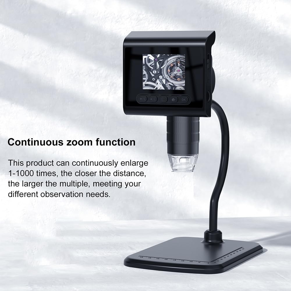 HUIOP Mikroskop cyfrowy o wysokiej przejrzystości 1080P z 2,4-calowym kolorowym wyświetlaczem LCD, 1-1000x ciągły zoom, ekran obrotowy 180 stopni, 8 regulowanych diod LED, przechowywanie na karcie TF,