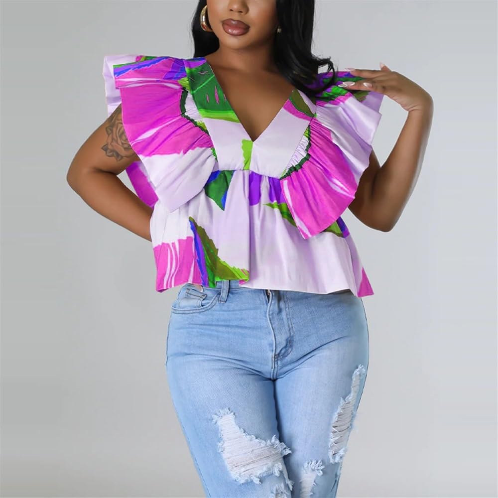 2024 Verano Mujer Sexy V Cuello Volantes Manga Casquillo Tops Sueltos Casual Más Tamaño Camisas Volantes Dobladillo Cómodo Blusa