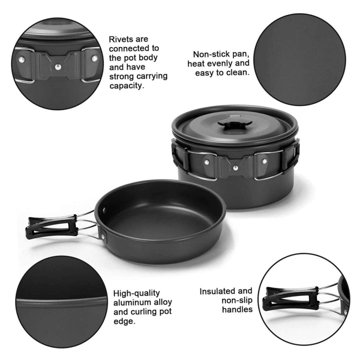 BESPORTBLE Set de Cuisine de Camping Léger avec Casseroles Antiadhésives Poignée Pliante Silicone Résistant Corrosion pour Personnes Randonnée et Pique-