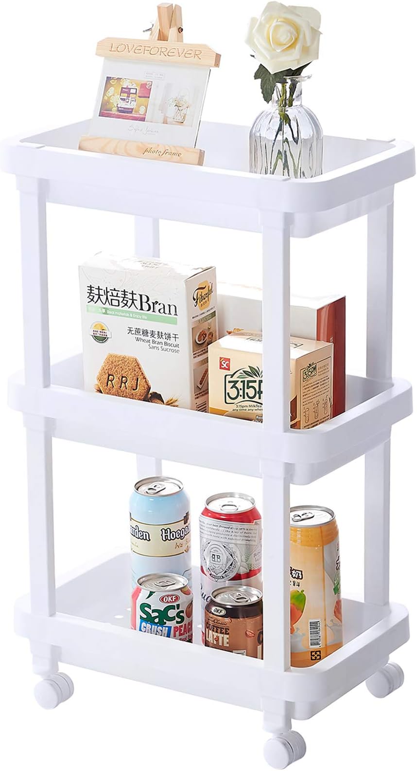 Aogist Rolling Storage Cart Organizer Shelf Rack Storage Tower Utility Cart for Kitchen Laundry Room Bathroom Office & Dresser(3-Tier, White)