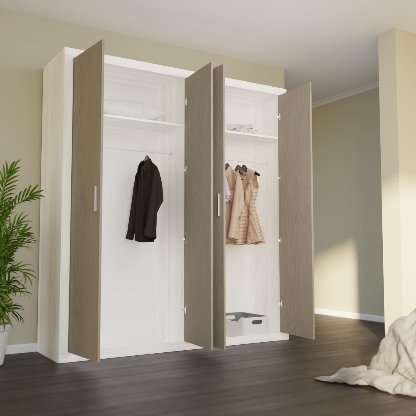 Somnia Descanso - Armario 4 Puertas Batientes con Altillo Modelo Mandi para Dormitorios de Matrimonio o Individuales, Color Pino - Gris, Medidas: 196 cm (Ancho) x 208 cm (Alto) x 50 cm (Fondo)