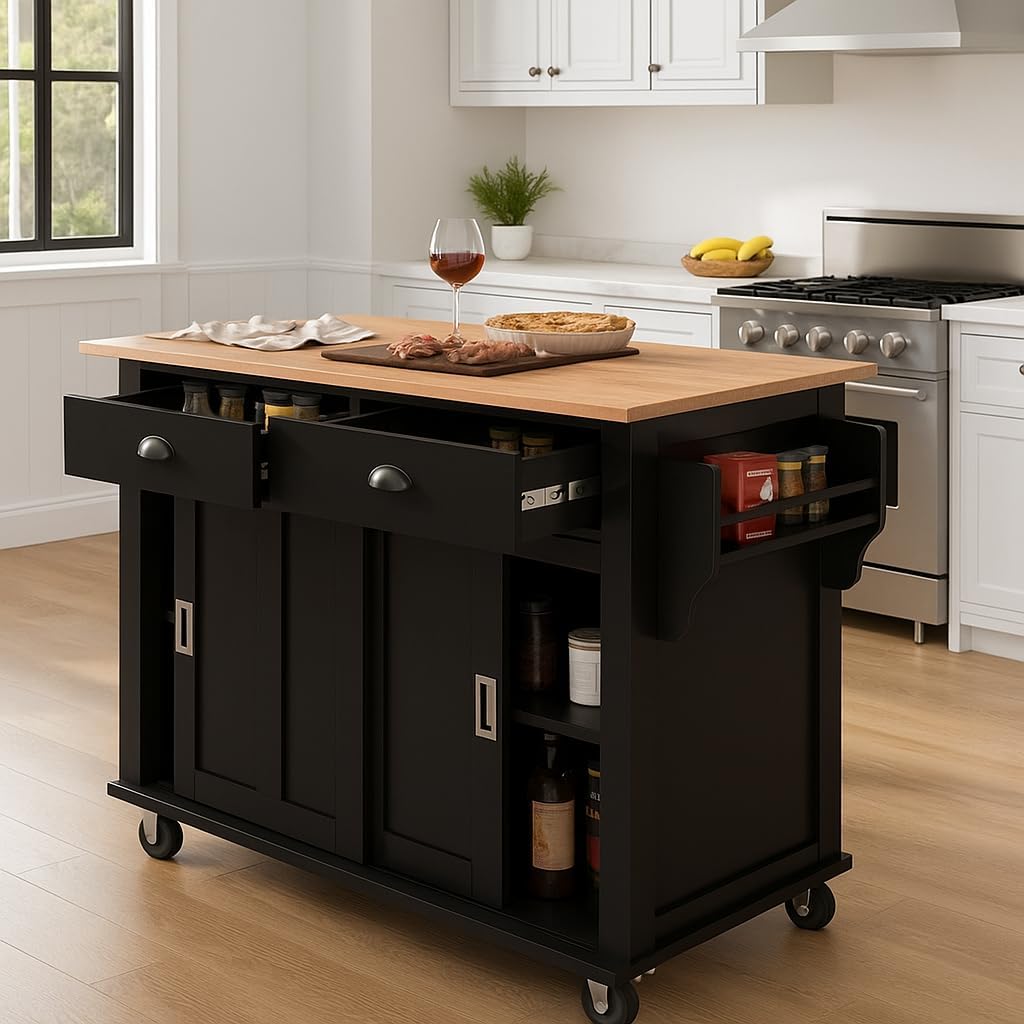 Kitchen Cart with Rubber wood Drop-Leaf Countertop, Concealed sliding barn door adjustable height,Kitchen Island on 4 Wheels with Storage Cabinet and 2 Drawers,L52.2xW30.5xH36.6 inch, Black