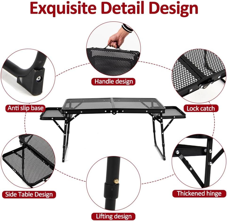 Inllex Outdoor Folding Camping Table with Adjustable Height, Mesh Grill & 2 Wing Panels | Portable Lightweight Aluminum BBQ Picnic Table with Handle for Beach, Travel & Outdoor Cooking 2