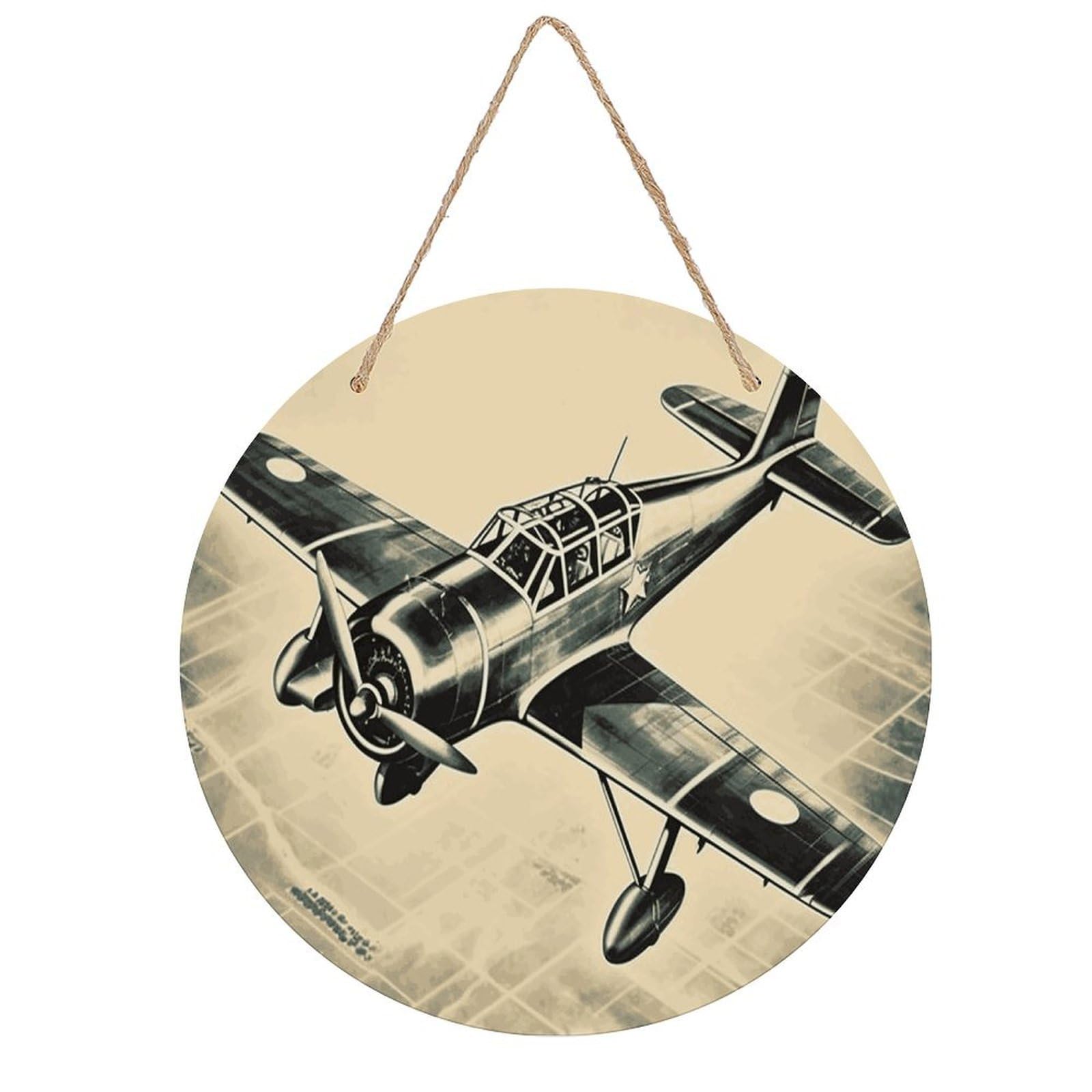 FekiLoot Retro Airplane Wall Art Decor Rustic Welcome Sign Round Wood Hanging Sign Decoration Wood Plaque Door Hanger Wooden Signs Wall Hanging Decor Housewarming Gift for Home Outdoor Indoor