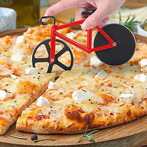 Foto von Fahrrad Pizzaschneider, 100% Essen Grade Antihaftbeschichteter Edelstahl Doppel Pizza Schneider, Profiausführung, Geeignet für Party usw, Interessantes Weihnachtengeschenk, Rot