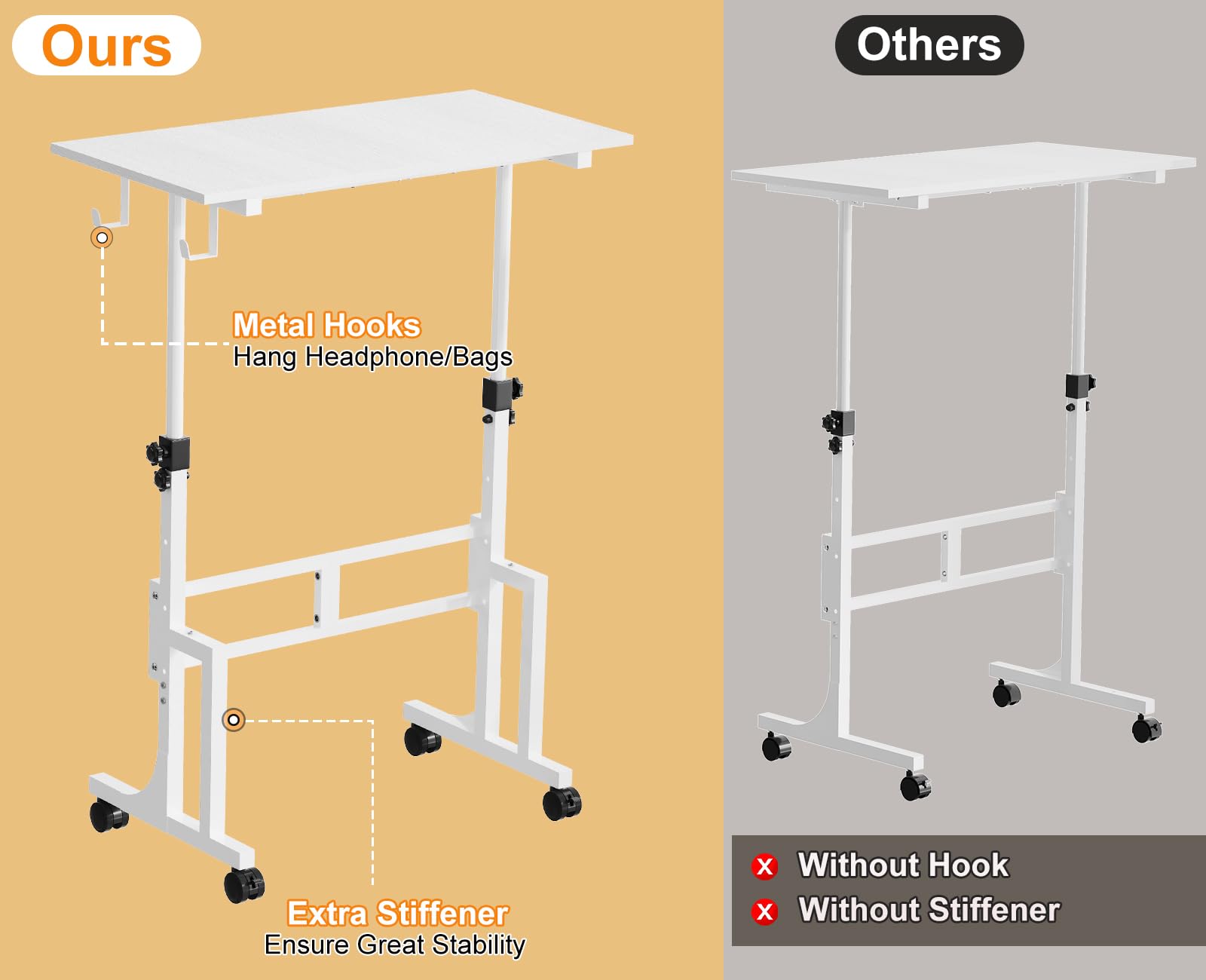 Small Adjustable Height Standing Desk With 2 Hooks Rolling Sit Stand Up Desk With Wheels Adjustable Mobile Portable — view 7