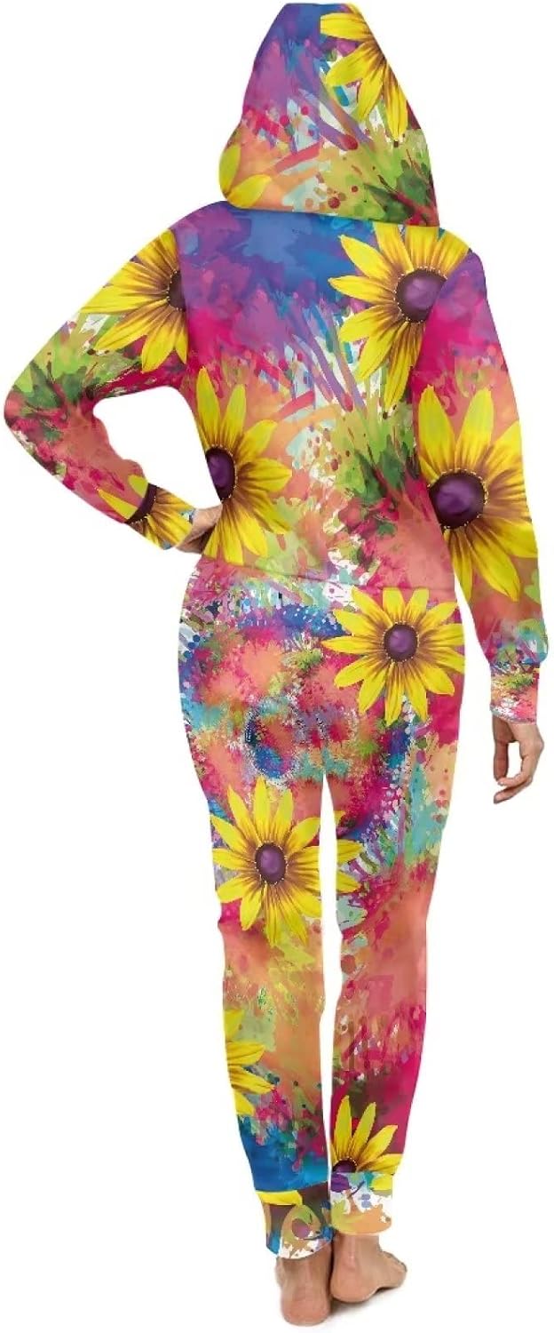 Coloranimal Unisex Women Men Onesie Jumpsuit with Pocket Hoody Drawstring One Piece Pajama Matching for Adult Size S-4XL