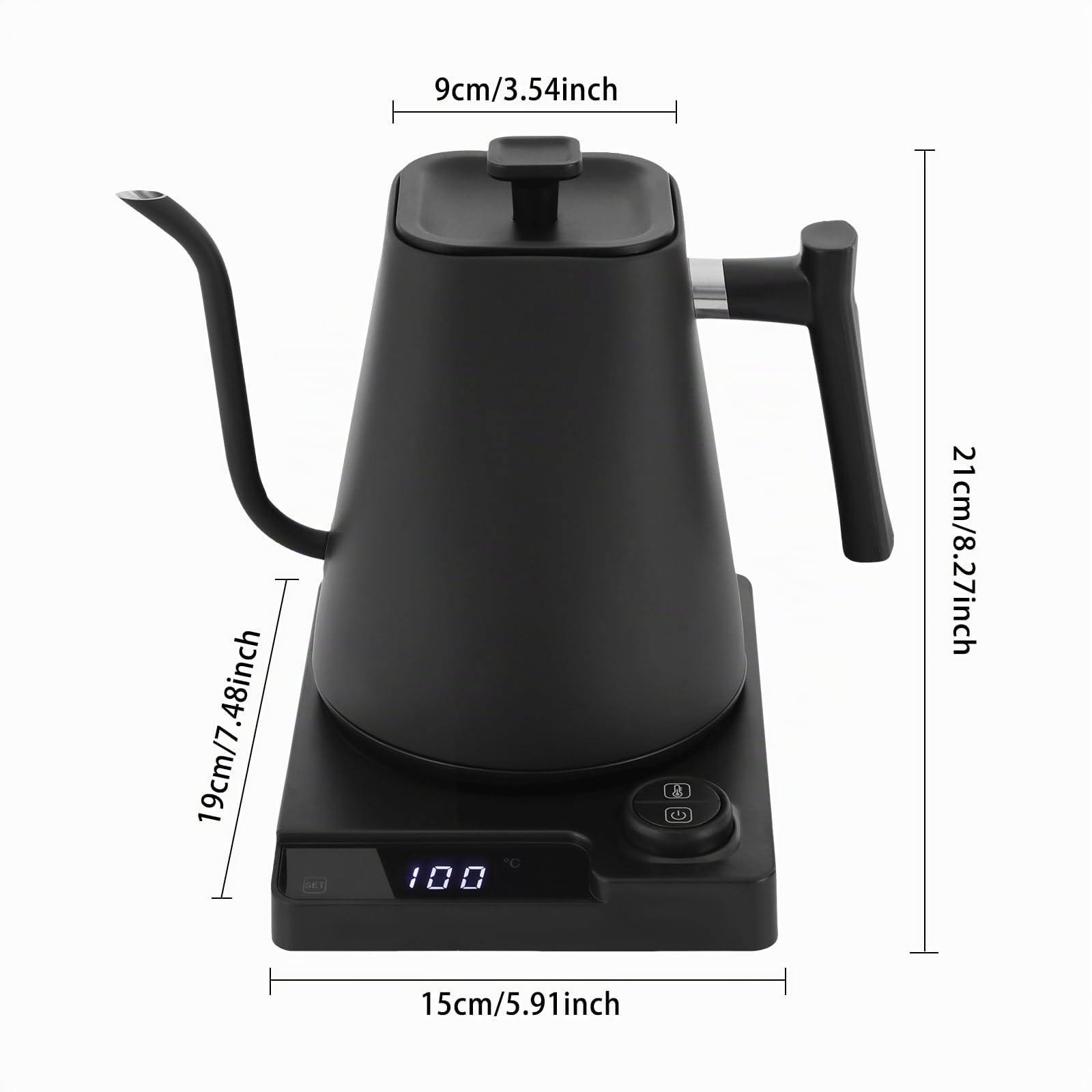 Hervidor eléctrico de acero inoxidable con cuello de cisne con ajuste de temperatura y pantalla LED, Coffee Kettle, 1 L, calefacción rápida de 1200 W, color negro