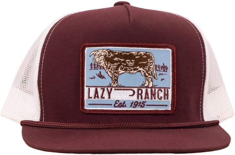 Lazy J Ranch Blue Bull Trap Patch Classic Five Panel Rope Trucker Hat - Adjustable Unisex Country Hats, Vintage Trucker Hat