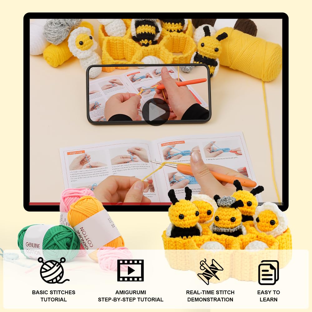 Hylvix Beginner Crochet Kit - Bee & Honeycomb Amigurumi Set With Video Tutorials & Supplies