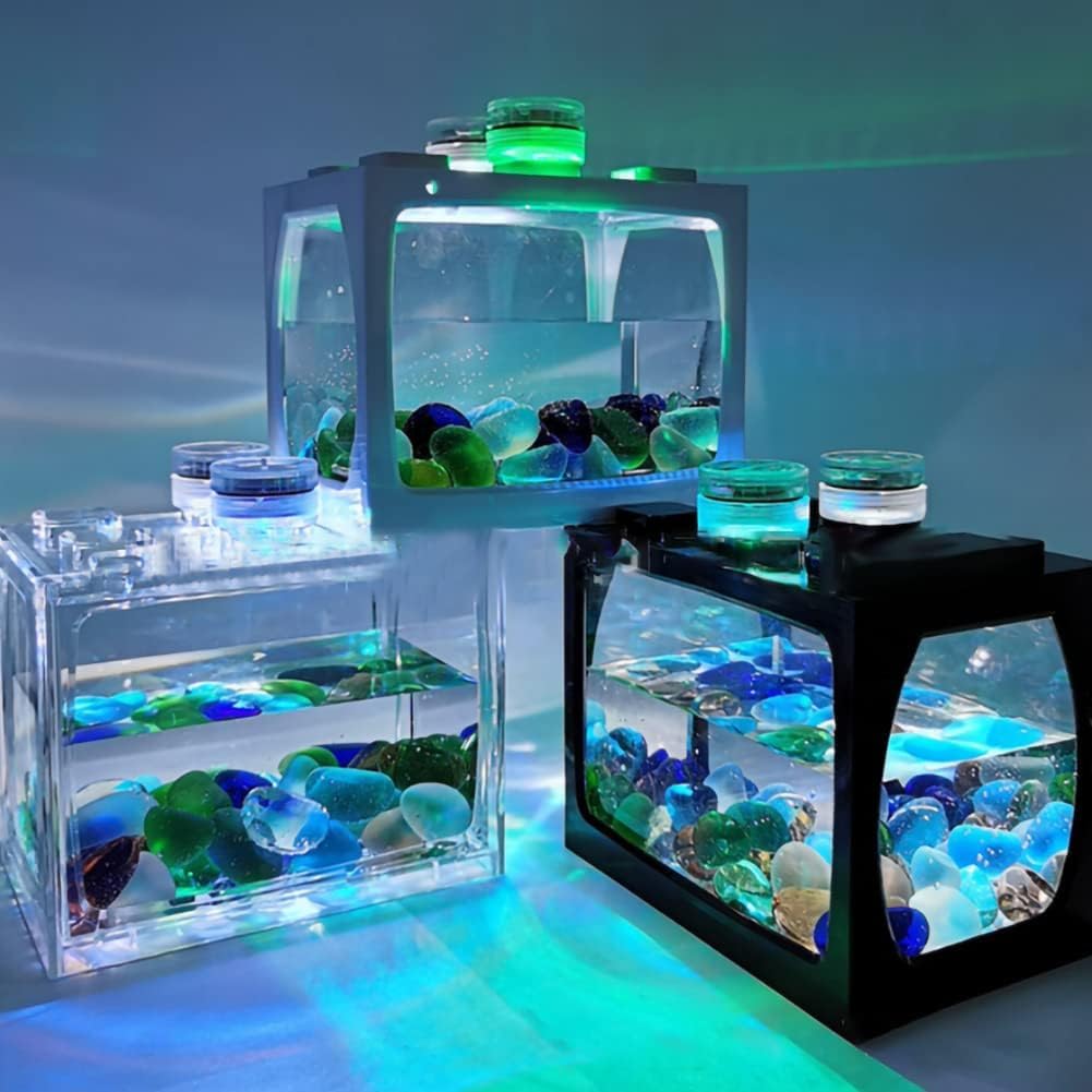 Qcwwy Mini Pecera Acrílica, Kits de Iniciación para Acuarios Mini Pecera Acuario Cubo Apilable Tanque Escritorio Mini Acuario Tanque Tazón con Luz LED USB(Negro)