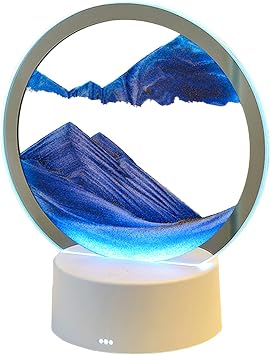 Moving Sand Art Picture with LED Light, Round Glass 3D Deep Sea Sandscape in Motion Display Flowing Sand Frame, Relaxing Table Desktop Home Office Work Decor, Sand Art Toys for Adults Kids Blue