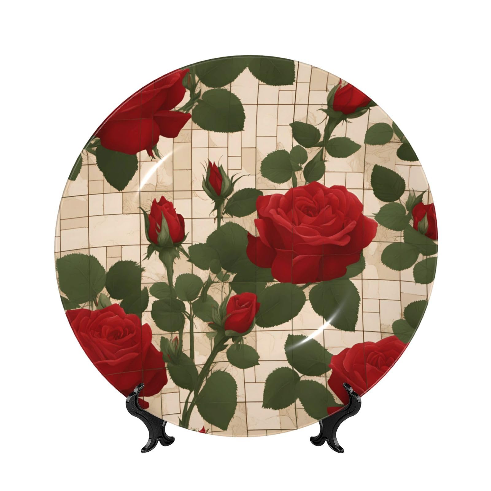 SXZVVBN Many red roses Bone China Decorative Plate Art with Stand Removable Adhesive Hanging for Home Office 7in