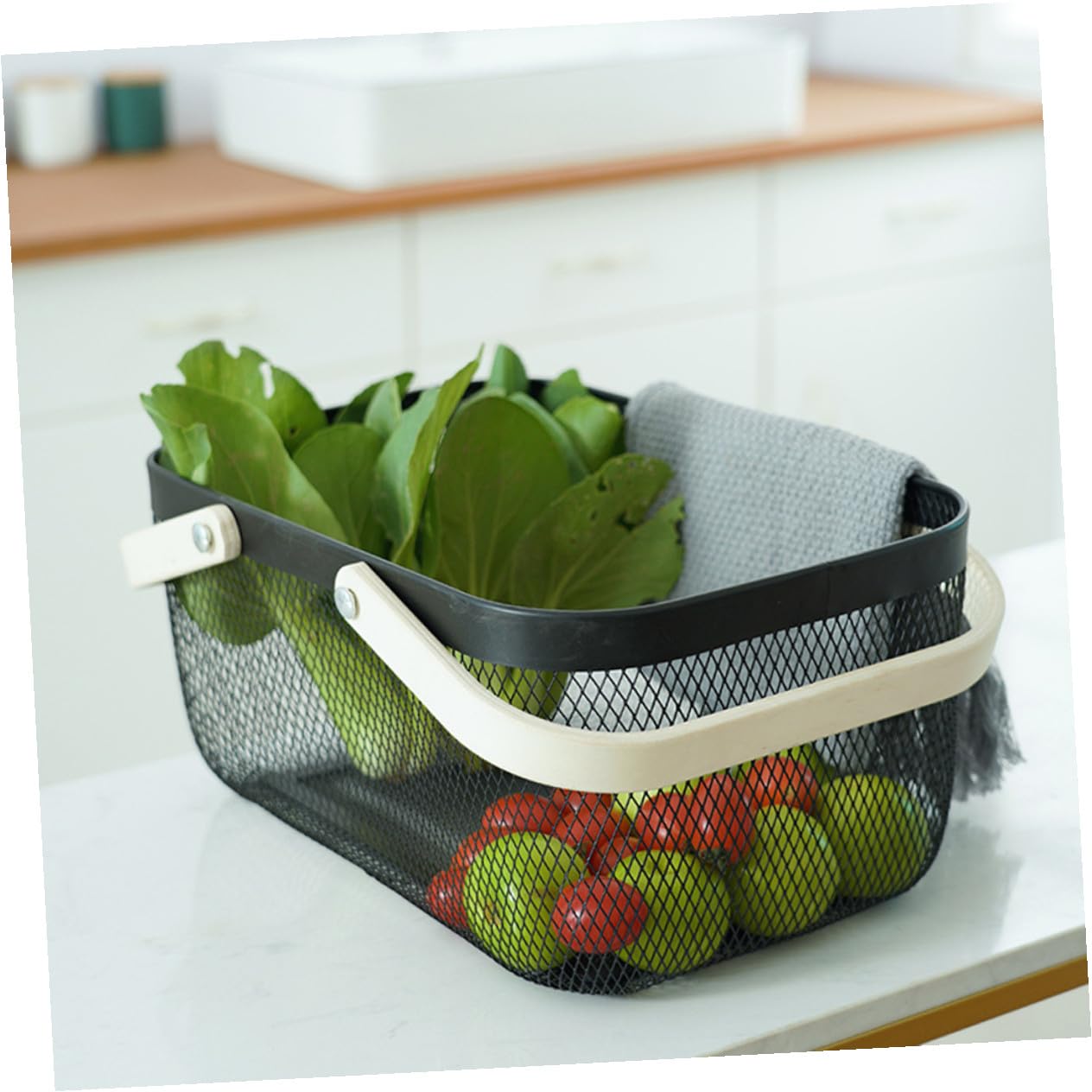 Toyvian 1 Stück Aufbewahrungskorb aus Robustem Eisen mit Holzgriff Rechteckiger Tragkorb für Haushalt und Picknick Zufällige Farbe