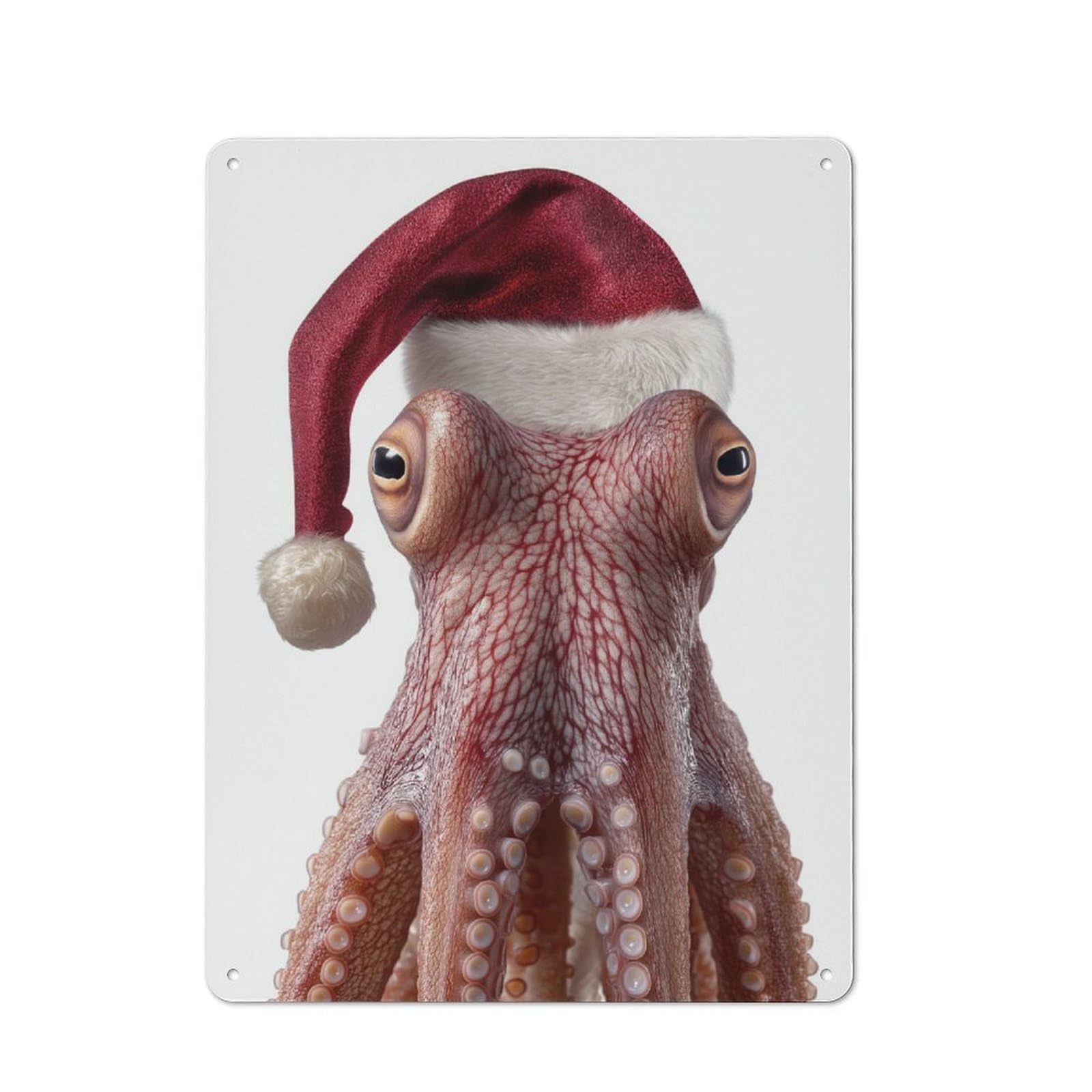 Christmas Octopus with Santa Hat Portrait Classic Metal Wall Decor 40x30cm, Metal Wall Plaque for Office, Study, Studio Or Hallway