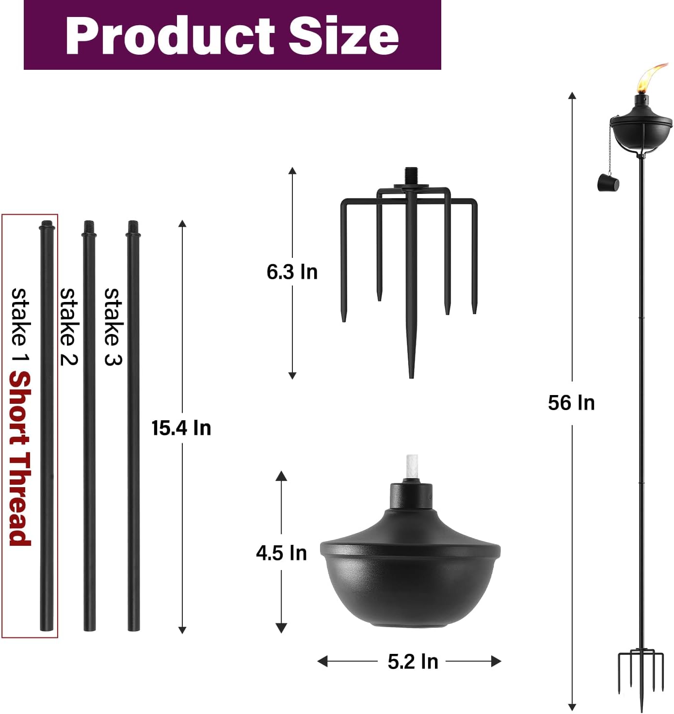 Home Garden Torch Set of 4, Outdoor Metal Torches with 5-Prong Grounded Stake, 56-Inch Adjustable Citronella Torches,23.5 oz Metal Light Torches for Patio, Pathway, Party (Ultra-Stable Design)