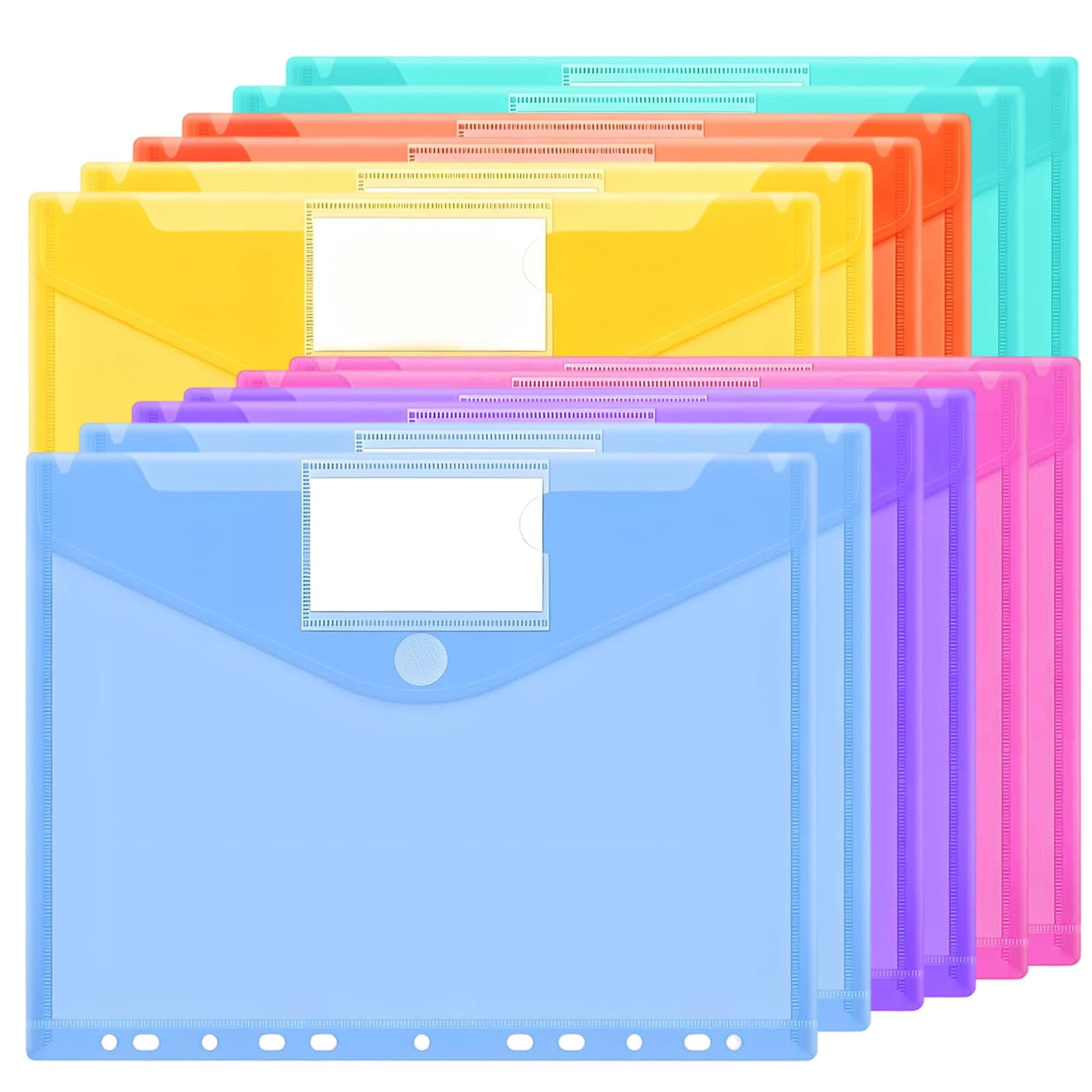 Pochette Porte-Documents A4 12PCS, Pochettes Plastiques Perforées A4 avec 11 Trous, Pochette Classeur 6 Couleurs Transparentes avec Poches, pour Étiquettes pour Organiser les Documents